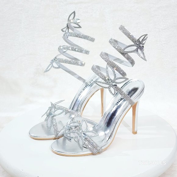 Fly Girl 2 Metallic Silver Upper & Rhinestones Butterfly Wrap Strap High H… - Picture 9 of 11